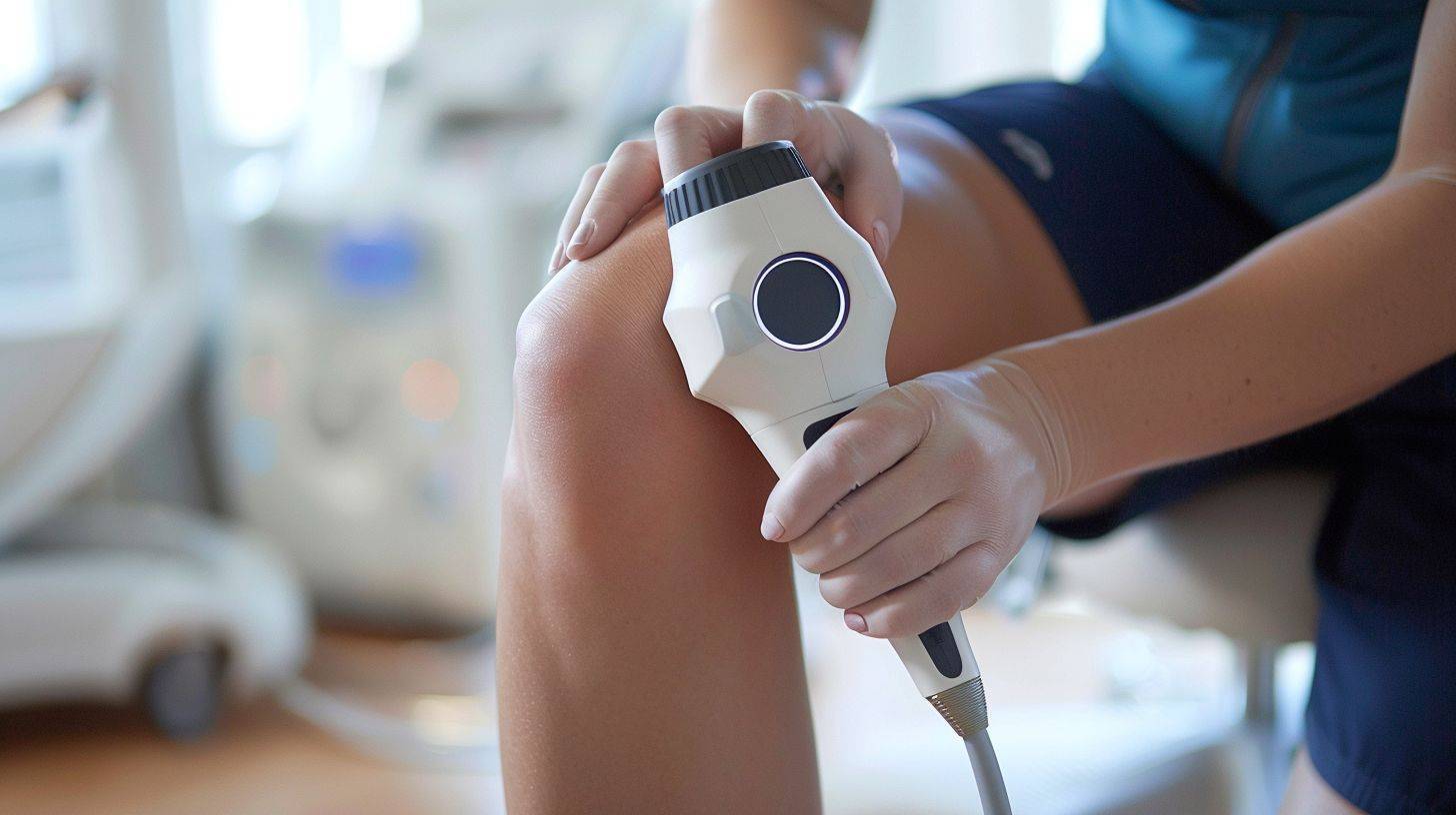 A massage gun targeting the knee joint in a medical setting.