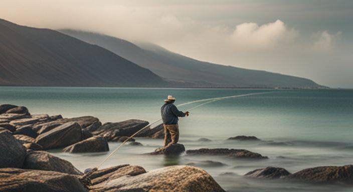 A fisherman casts a line from a rocky coastline in a bustling atmosphere.