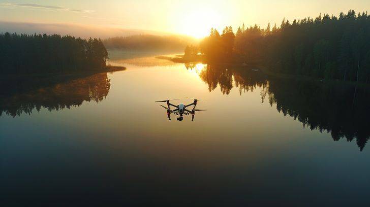A high-tech fishing drone hovers over a tranquil lake at sunrise.